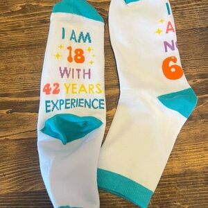 Novelty 'I Am 18 with 42 Years Experience' White & Teal Crew Socks